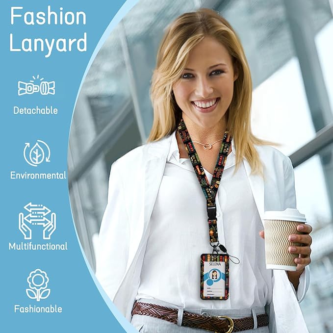 Floral Bookshelf Lanyards for ID Badges, Badge Holder with Lanyard Detachable, Badge Reel Retractable Keychain Clip, Cruise Ship Cards Holder Protector Name Tags, Teacher Nurse Office Women Gifts