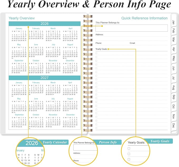 2026 Planner - Planner 2026 from January 2026 - December 2026, Weekly & Monthly Planner Spiral Bound with 12 Monthly Tabs, Inner Pocket, 6.4" x 8.5", Blue Flower