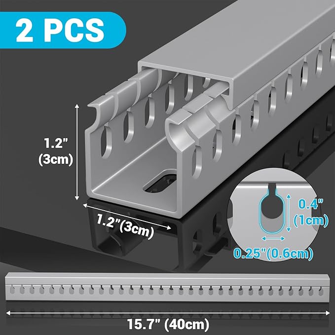 Open Slot Wire Duct Kit, 31.4"(2 x 15.7) Server Rack Cable Management, Cable Management Raceway for Hide Network HDMI VGA Cable, Wiring Raceway Cable Duct, Desk Wire Channel, 2 Pack, Grey
