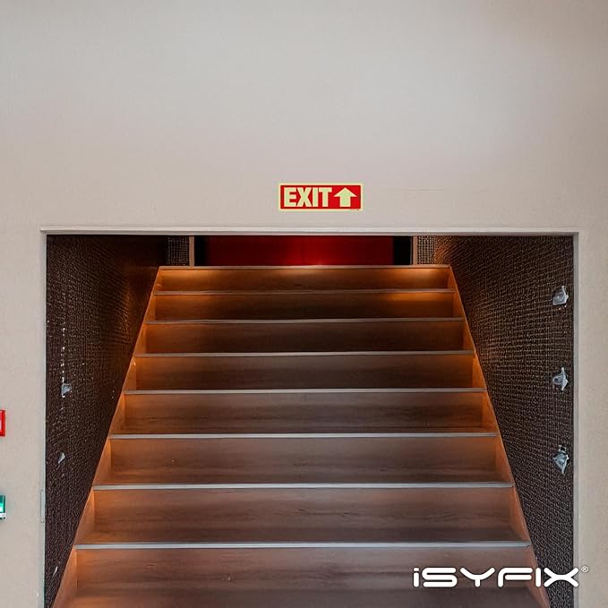 iSYFIX Exit Signs with Directional Up Arrow - 12 Pack 12x4 Inch Glow in the Dark for Business, School, Office, Warehouse - Durable 40 Mil Polystyrene, UV Laminated, Waterproof, Scratch & Fade Resistant