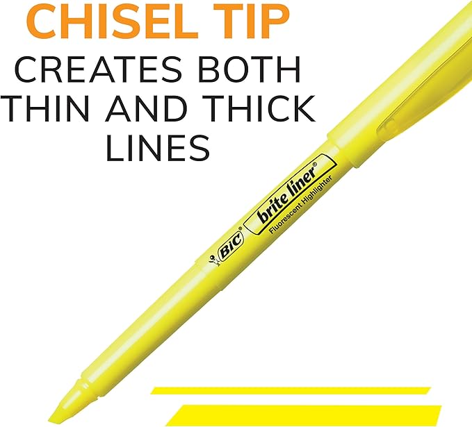 BIC Brite Liner Highlighters with Chisel Tip for Broad and Fine Lines, 24-Count Pack in Assorted Colors
