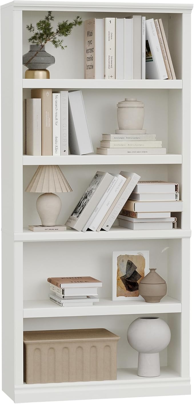 blini 5-Shelf Tall Bookcase White Wooden Bookshelves 33in Wide 5 Tier Bookcases with Adjustable Shelves Floor Standing Display Book Shelves 70 in Tall Bookcase for Home Office, Living Room, Bed Room