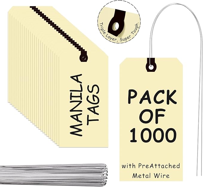 INNOVART Shipping Tags - Double Wired 2 3/4' x 1 3/8', Manila Wire Tags with Reinforced Eyelet, Case of 1000