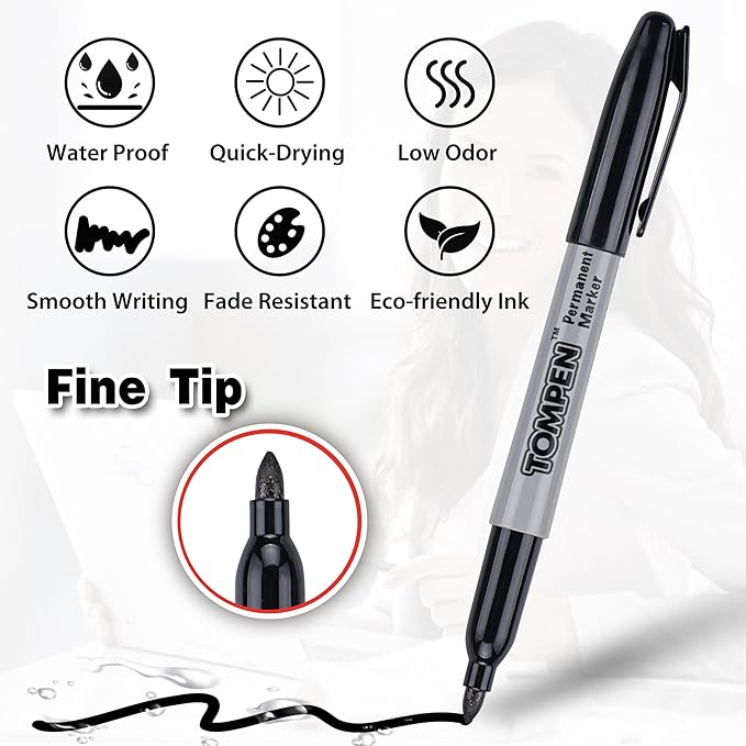 TOMPEN Black Permanent Markers Fine Tip 160 Pack Bulk,Waterproof Permanent Marker Pens with Quick Drying on Wood,Plastic,Paper,Metal,Mirror for Gift Office School Classroom Home