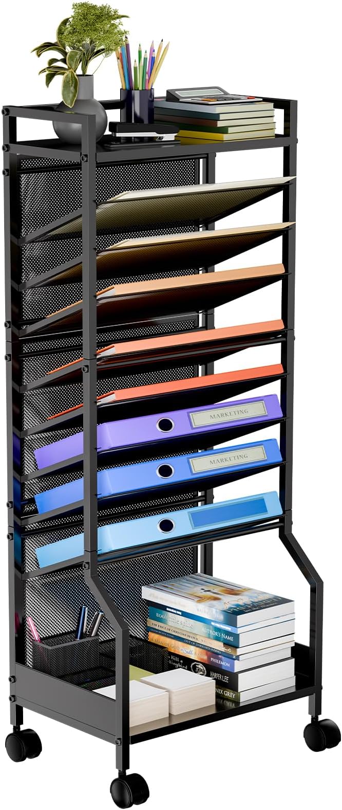 Simple Trending 10 Tier Rolling File Cart, Desk File Organizer with Wheels and Storage Drawers, Legal documents can be stored, Metal Mesh Paper Letter Storage Multi-Functional Clutter Cart, Black