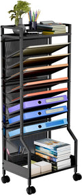 Simple Trending 10 Tier Rolling File Cart, Desk File Organizer with Wheels and Storage Drawers, Legal documents can be stored, Metal Mesh Paper Letter Storage Multi-Functional Clutter Cart, Black