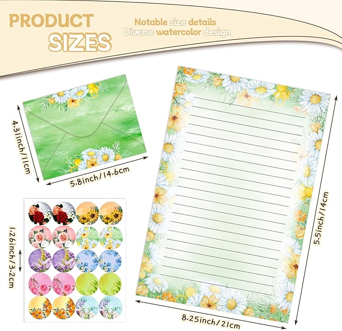 TaoBary 160 Pcs Stationery Paper Set 50 Double Sided Stationery Papers with 50 Matching Envelopes and 60 Round Dot Sticker, 10 Design(Flower,5.5 x 8.25 Inch)