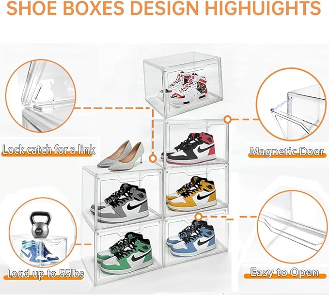 KOKOIN Magnetic Acrylic Clear Shoe Boxes – 360° Clear Plastic Stackable Sneaker Storage Box shoe Display Box Professional Grade Shoe Display Case, Shoe Organizer for Closet (12pcs)