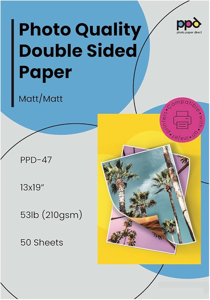 PPD Double Sided Photo Paper, Matte Brochure Paper 13 x 19 for Inkjet Printer, 210 gsm, 9 mil Thick for Magazine, Flyer, Presentation, Program, Instant Dry & Water Resistant (50 Sheets)