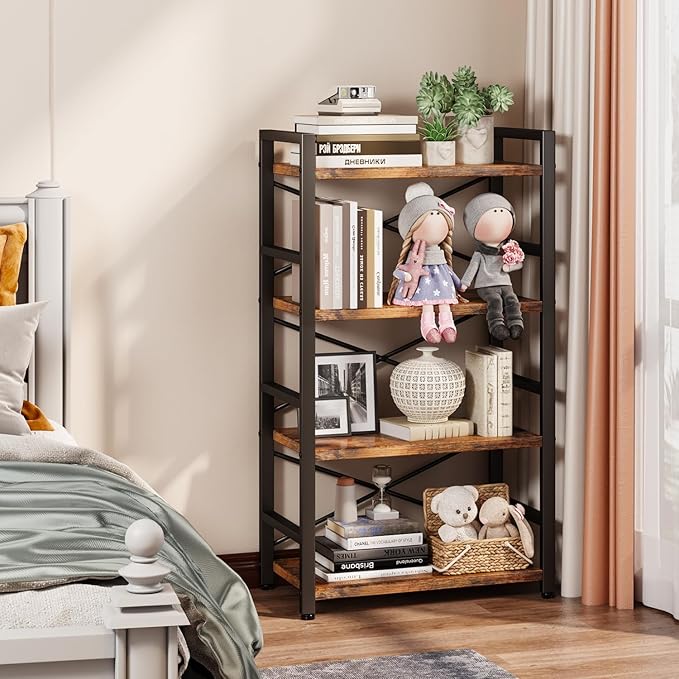 Homeiju Bookshelf, 4 Tier Small Bookcase, Organizers and Storage, Metal Small Bookcase, Rustic Book Shelf Organization and Storage for Living Room, Bedroom, and Home Office(Rustic Brown)
