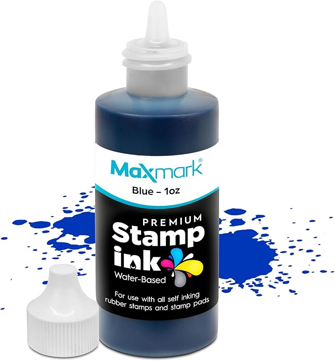 MaxMark Premium Refill Ink with Control Tip Bottle for Self-Inking Stamps, Blue Color - 1 oz.