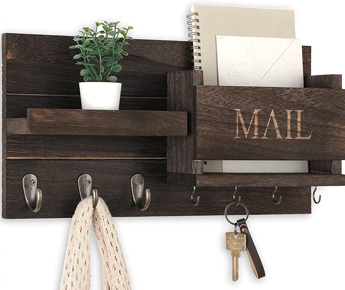 Lwenki Mail Organizer for Wall Mount – Key Holder with Shelf Includes Letter Holder and Hooks for Hallway Farmhouse Decor – Rustic Wood with Flush Mounting Hardware (16.5” x 9.1” x 3.4”) (Brown)