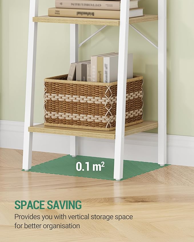 Hzuaneri Ladder Shelf, Bookshelf Bookcase, Freestanding Corner Storage Shelve with 2 Hooks for Home Office, Living Room, Kitchen, Bedroom, Industrial, 11.8" D x 13.4" W x 47.2" H, White Oak and White
