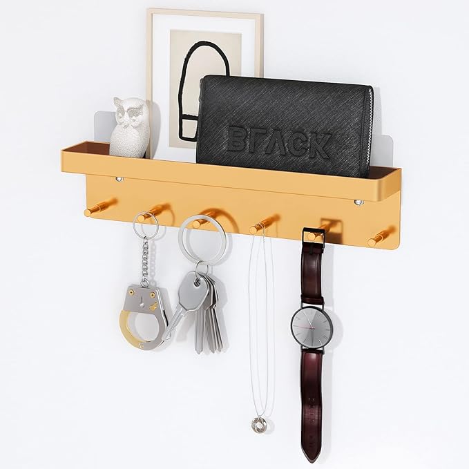 MKO Key Holder for Wall, Mail Organizer and Key Rack with Tray for Hallway, 6 Key Hooks Wall Mount Adhesive(Gold)