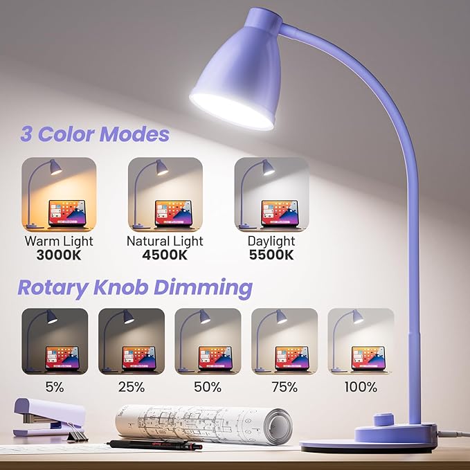 BOHON LED Desk Lamp with USB Charging Port, 3 Color Modes Fully Dimmable Reading Lamp, Auto Dimming Task Lamp, Flexible Neck Table Light for Office Dorm Bedside, Adapter Include