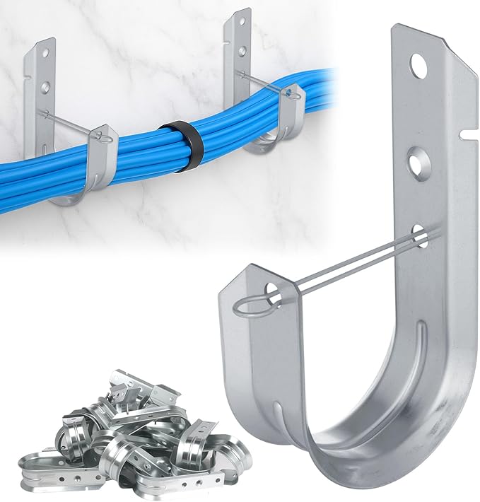 AOKLIT 2" Galvanized Steel J-Hooks, Heavy Duty Wall Mount Cable Support J Hook with Retainer Clip for Cable Management (50 PCS)