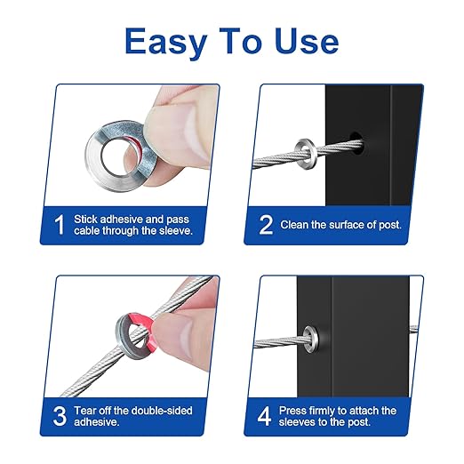 BLIKA 60Pack Cable Railing Adhesive Sleeves for 1/8" 5/32" 3/16" Wire Rope Cable, T316 Stainless Steel, 2.8mm Thickness Cable Railing Protector Adhesive Sleeves for Deck Stair Cable Railing Post Kits