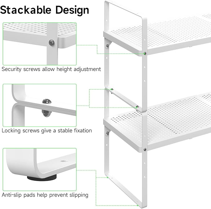 SOFRON Expandable Cabinet Storage Shelf Stackable Organizer Rack for Kitchen Bathroom Pantry Spice Cupboard Coffee Countertop Home Office Desk Heavy Duty Nonslip White Small 2 Packs
