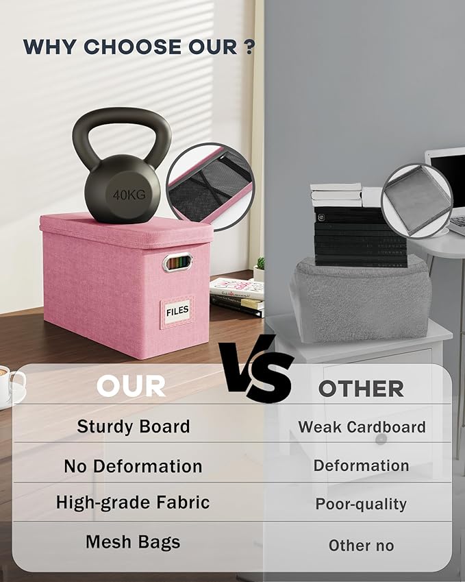 Oterri File Organizer With Lid, Hanging Filing Box With Mesh Pocket, Document Organizer for Letter Files, Portable Storage With Smooth Sliding Rail for Office & Home (2 PCS, Pink)