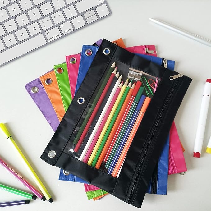 YoeeJob Pencil Pouch for 3 Ring Binder, Binder Pouches with Zipper Bulk, Pen Holder Case with Clear Window School Class Office Organizers, 24 Pack, Black