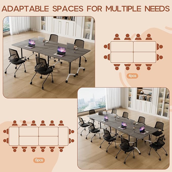 Folding Conference Table 4ft 5ft, Foldable Office Meeting Desk for 6 People, Multiple Sizes Colors Mobile Conference Room Table for Training Room School Business Furniture (6, Grey, 63in)