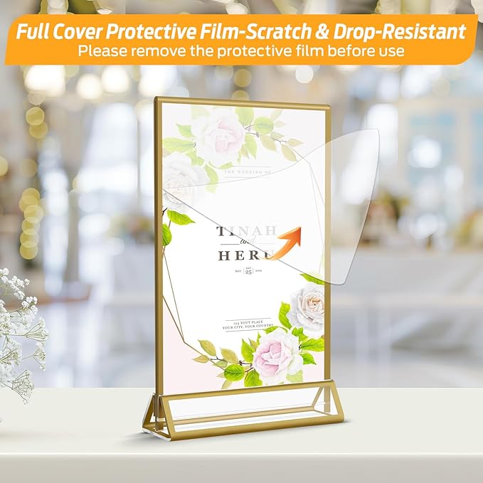 Smarpau Gold Acrylic Sign Holder 5x7, Double-Sided Display Stand, Clear Picture Frames/Flyer Holder/Menu Holder/Table Number for Wedding, Home, Offices(16Pcs)