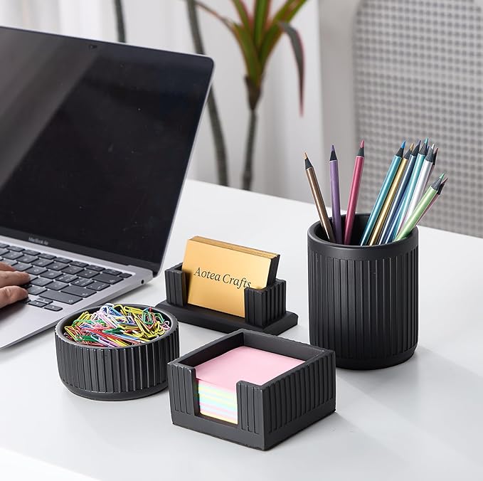 Set of 4 - Concrete Desk Accessories For Modern, Industrial, Minimalist Office Decor- Aesthetic Desk Organizers Accessories For Women or Men- Pen, Business Card Holder & Sticky Note, Paper Clip Holder