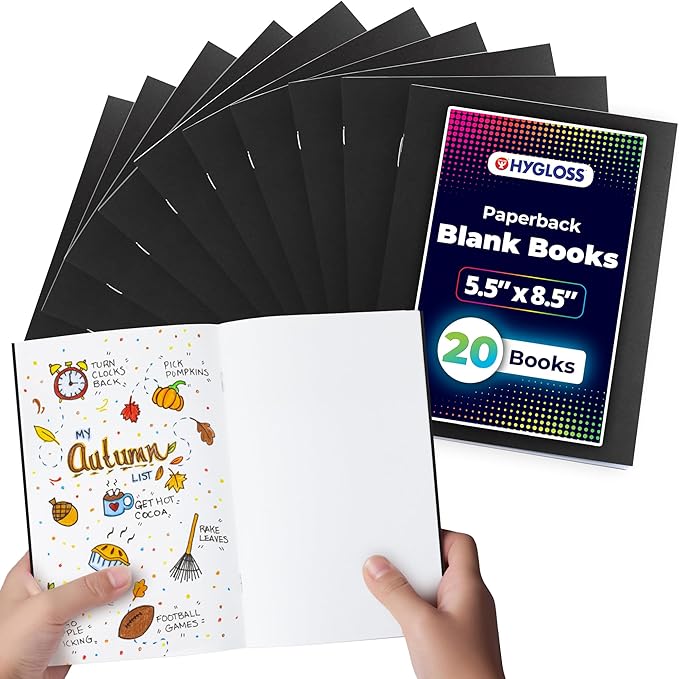 Hygloss Blank Books - Bulk 20 Pack – 5.5" x 8.5" A5 Black Paperback Blank Books for Kids to Write Stories, Doodle, Arts & Crafts – Plain Drawing Sketchbook, Unlined Journal, Notebook Without Lines
