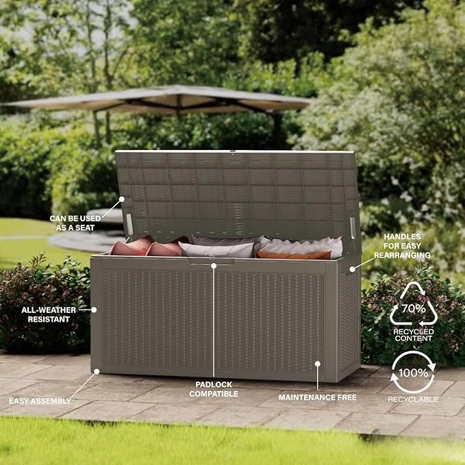 Decksplore 320 Gallon Outdoor Storage Box Waterproof Lockable Resin Deck Box Large, Patio Storage Bin for Pool Accessories Cushion Furniture, Garden Tools, UV-Resistant Outside Delivery Grey