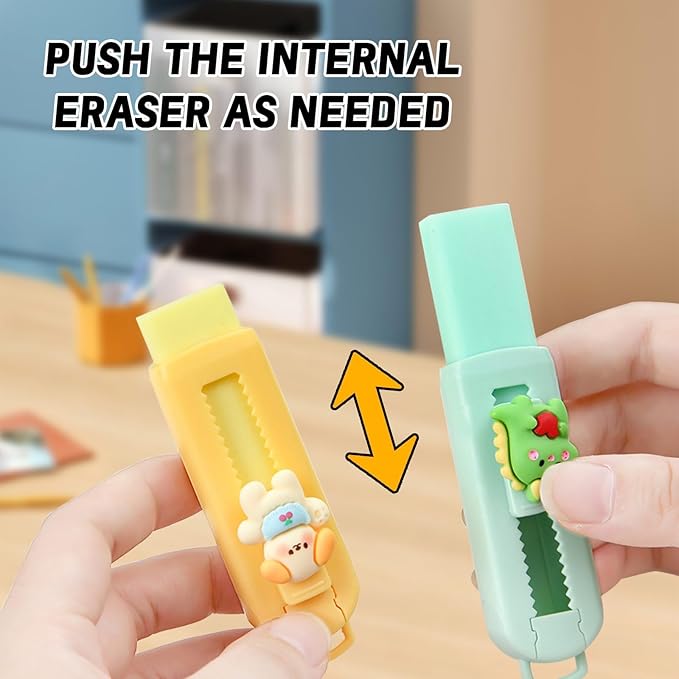 BetterJonny Sliding Retractable Eraser, 4 Color Push Pull Erasers and 8 Refills, Animal Erasers for Pencils Drawing(B)