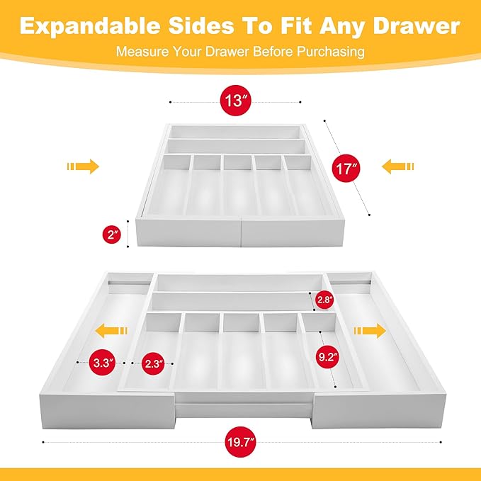 oridom Large Premium Bamboo Silverware Organizer - Expandable Drawer Organizer & Utensil Organizer - 17"x19.7" Cutlery Tray with Dividers for Kitchen Utensils and Flatware (7-9 Slots) (White)