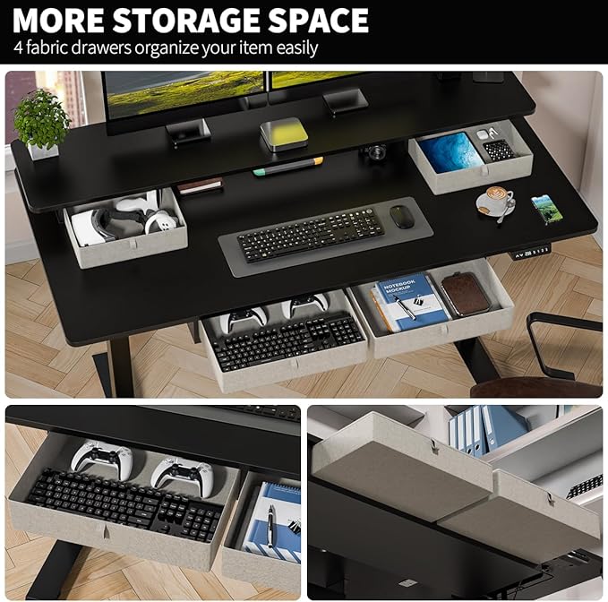 Kingant 55 x 30 Inch Electric Standing Desk with 4 Drawers, Adjustable Height Computer Desk for Home Office, Large Workstation Sit Stand Up Desk with Built-in USB A/C Charging Ports, Black