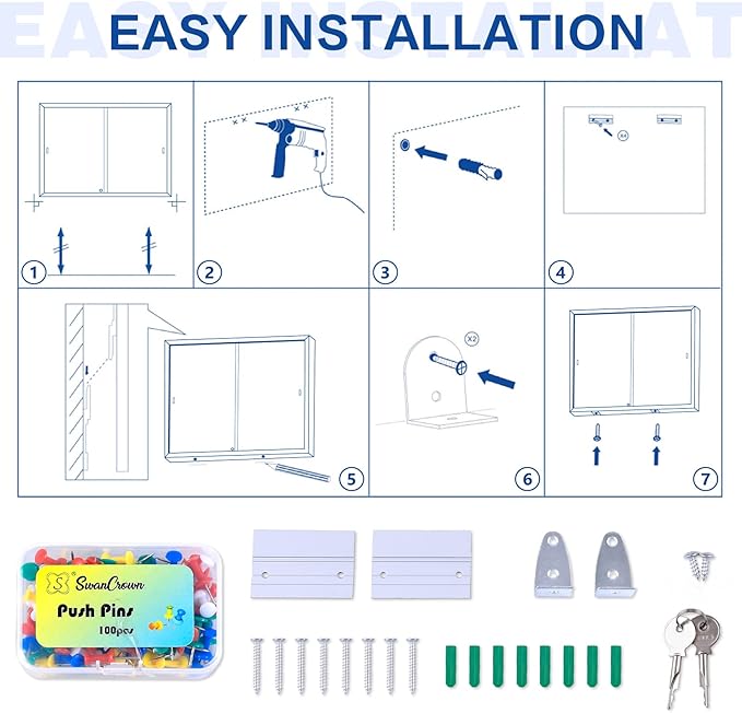 SWANCROWN Glass Enclosed Bulletin Board 48"x32", Locking Message Board with Sliding Glass Doors for Indoor Use, Grey Fabric