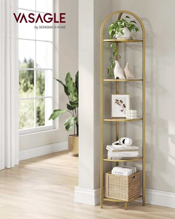 VASAGLE 5-Tier Corner Shelf Stand, Corner Bookshelf, Bathroom Organizer, Plant Stand, Tempered Glass, Steel Frame, Modern Style, for Living Room, Bathroom, Kitchen, Metallic Gold ULGT810A01