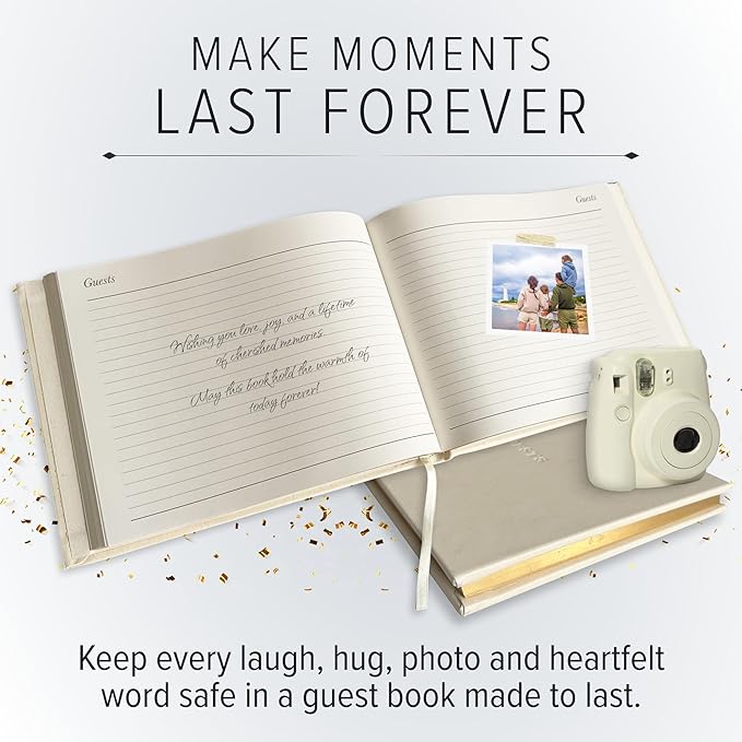 Gallery Leather Guest Book - Great for Wedding, Reception, Baby and Bridal Shower, Birthday Party and Vacation Home - 192 Lined Pages to Sign in, add Polaroid Photo - Hardcover 9x7" - Freeport Ivory