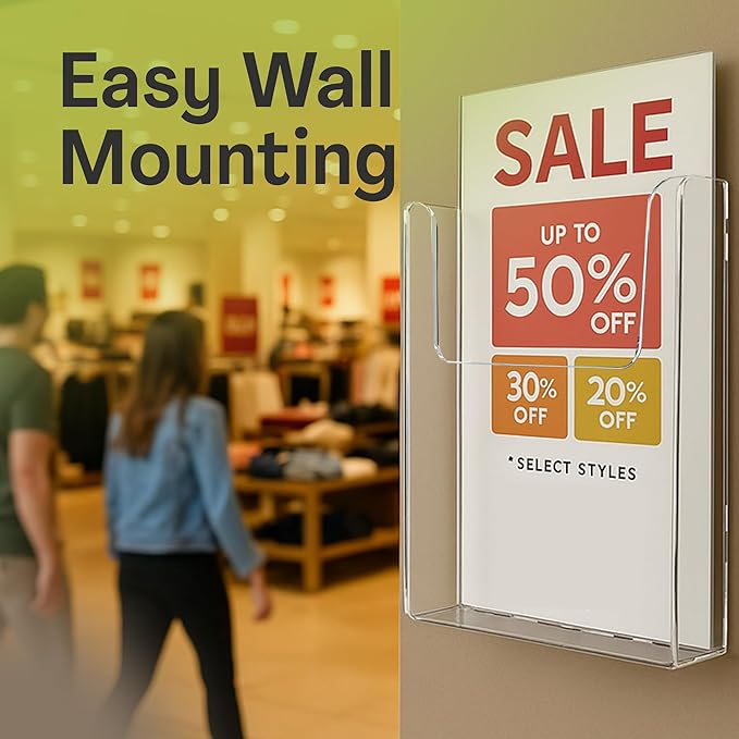 Top Notch Displays Acrylic Brochure Holder for Wall Mounting, Clear Display for 8.5" x 11" Flyers, Literature Holder for Magazines, Pamphlets, Menus, Includes Screws & Plastic Anchors – Pack of 8