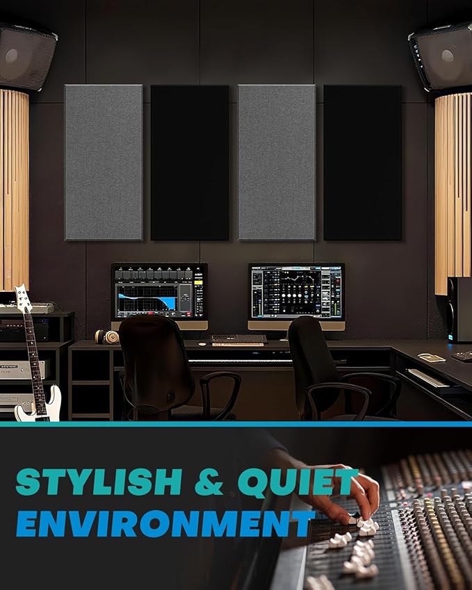 4Pack Fiberglass Acoustic Panels, Self Adhesive Sound Proof Foam Panels for Walls, Sound Dampening Panels for Studios, Office, Home Soundproofing Absorbing Noise Reducing, 23.6x11.8x2.5" Black Grey