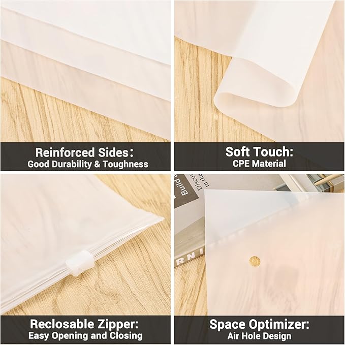 Svaldo T Shirt Bags 3 Mil Thick, 5 Sizes 12x16" 10x13" 8x10" 12x8" 10x7" Pack of 25, Resealable Zip Packaging Poly Bags Durable for Business Packing Shipping Travel, Frosted, with Vent Hole