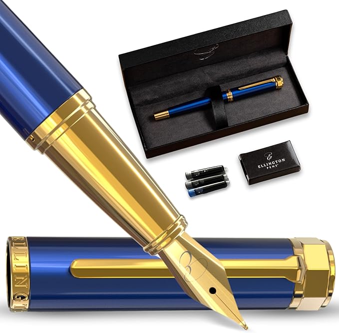 Ellington Pens Luxury Fountain Pen Set - Smooth Medium Nib - Includes 3 Ink Cartridges, Refillable Ink Converter, Gift Box- Fountain Pens For Writing, Calligraphy, Journaling, Sketching (The Nautilus)