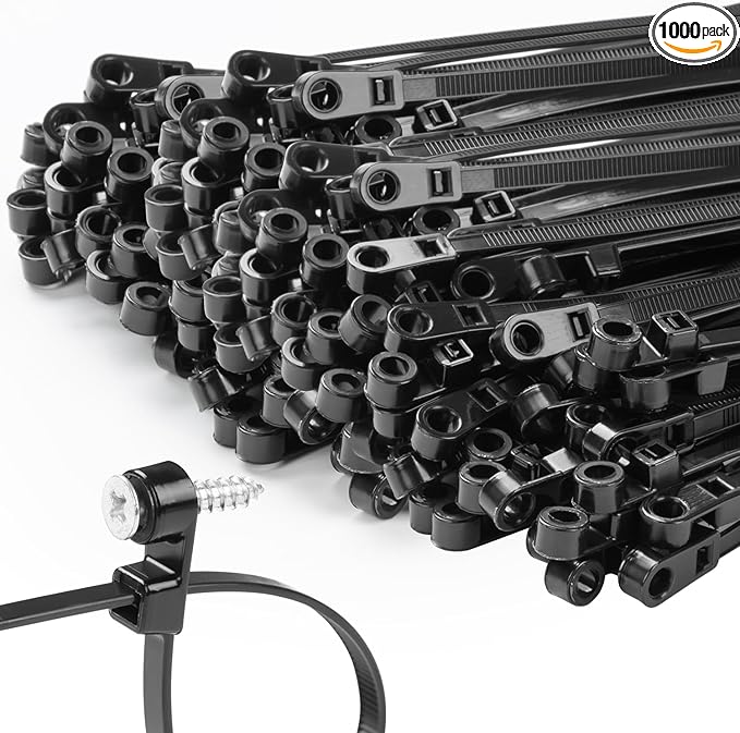 MasiStranth 1000 PCS 10 inch Black Zip Ties with Screw Hole 70lbs Mountable head Cable Ties Straps Multipurpose Heavy Duty Nylon Cable Zip Ties with Screw Mounting Hole