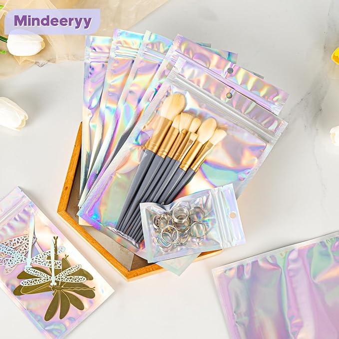 100pcs Holographic Bags,5.5x7.8 inch Resealable Zipper bags for small business, Smell Proof Foil Bags for food storage, Candy, Eyebrow pencil, Small accessories..MOTOMY