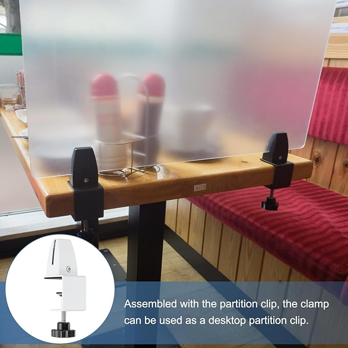 PATIKIL 2 Pcs 1/8" to 1/2" Adjustable Desk Divider Partition Clips, Aluminum Sneeze Guard Support Clamps Desktop Divider Clips for Offices Stores, Counter Privacy Panel,White