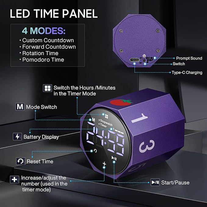 Digital Pomodoro Timer,Frosted Metal Productivity Cube Timer,1.8 in LED Digital Large Screen and Auto-Rotating Display,1/3/5/10/25/30/60min&Custom Time, Silent & Alarm,for Office, Study, Work(Purple)