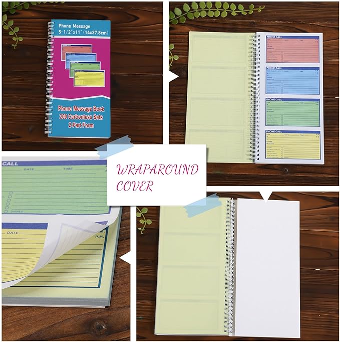 Sinmoe 1 Pcs Spiral Bound Phone Message Book with Carbon Copy 5-1/2" x 11" 2 Part Colorful Carbonless Telephone Message Pads Duplicate Spiral Phone Call Log Book for Business Office (Rose Red,Blue)