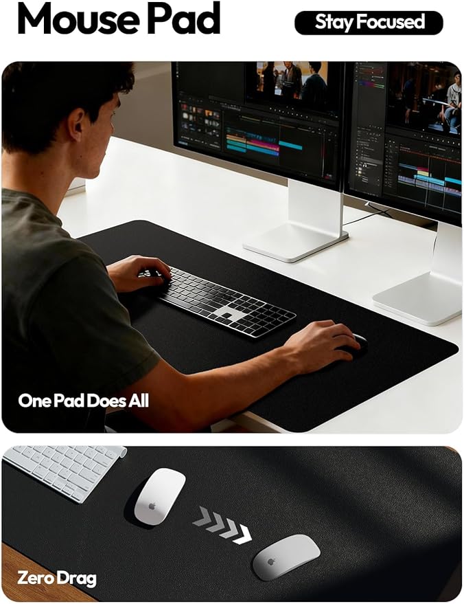 YSAGi Leather Desk Protector, Office Mat, Large Mouse Mat, Non-Slip PU Leather Blotter, Laptop Pad, Waterproof Writing Pad for Office and Home (Black, 47" x 17")