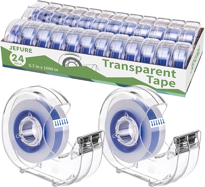 JEFURE 24 Pcs Transparent Tape with Dispenser, 0.7 x 1000 in Blue Core Clear Tape Rolls Bulk, Office Tape Refills for Desk, Craft, and Gift Wrapping