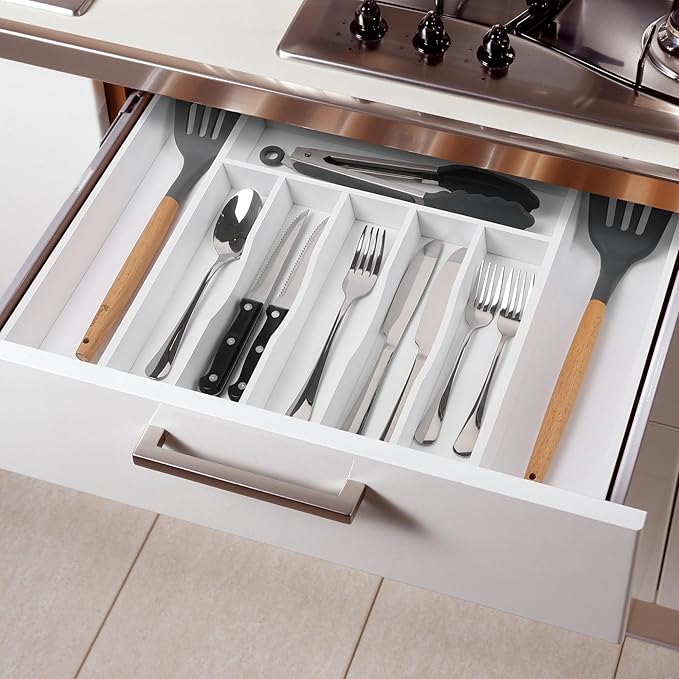 oridom Large Premium Bamboo Silverware Organizer - Expandable Drawer Organizer & Utensil Organizer - 17"x19.7" Cutlery Tray with Dividers for Kitchen Utensils and Flatware (7-9 Slots) (White)