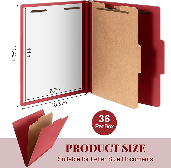 Skyygemm 36 Pcs Classification Folders Letter Size, 1 Divider Pressboard File Folder with Fasteners, Expanding File Organizer Bulk for School Teachers, Office Employee, Coworker, Staff (Red)