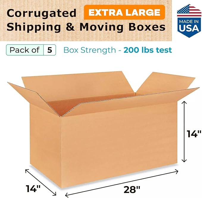 Extra Large Shipping & Moving Boxes 28 x 14 x 14 inches (5-Pack) - Extra Strength 200 lb vs Regular - Corrugated Strong Cardboard Boxes - Durable Packing - Moving Box Cardboard by IDL Packaging