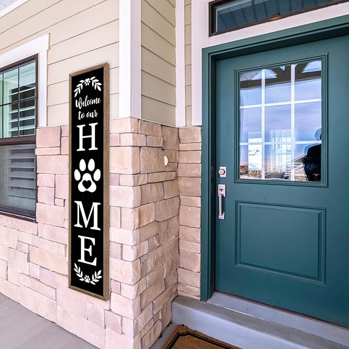 LuZhiQiang Front Porch for Welcome To Our Home Standing Sign 45"X9" Vertical Tall Long Leaner Paw Print Outdoor Front Door Wood Framed Decor (Wood Black)